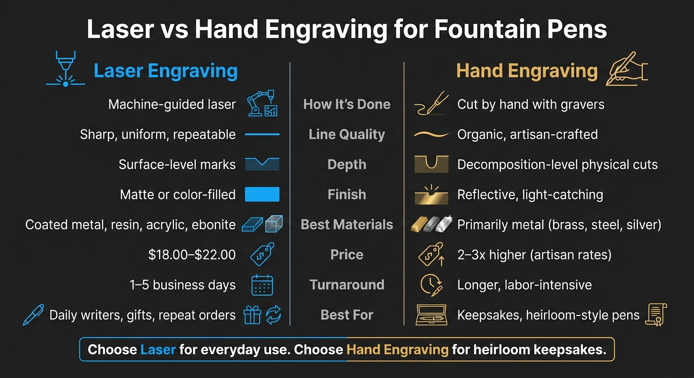 Laser vs Hand Engraving for Fountain Pens: Side-by-Side Comparison