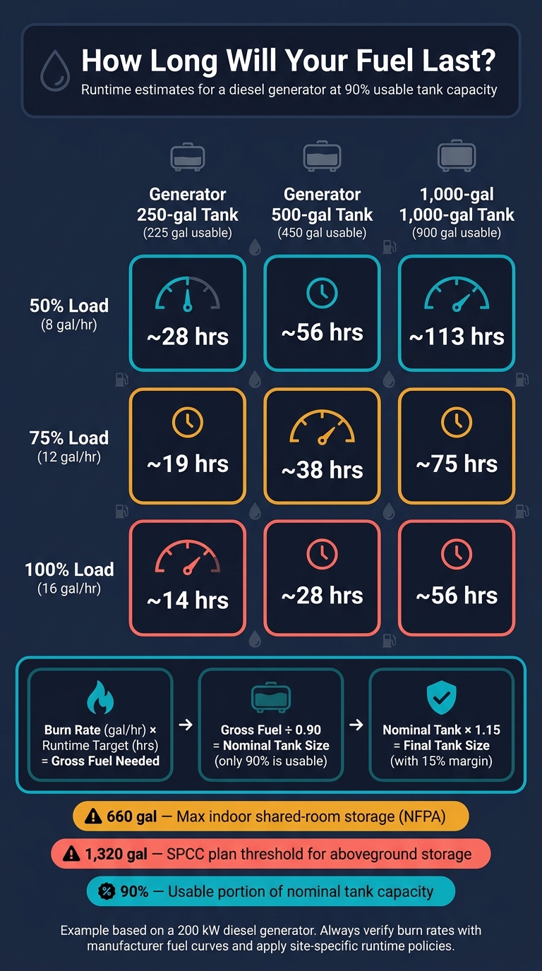 Generator Tank Runtime: Load vs. Tank Size Comparison Chart