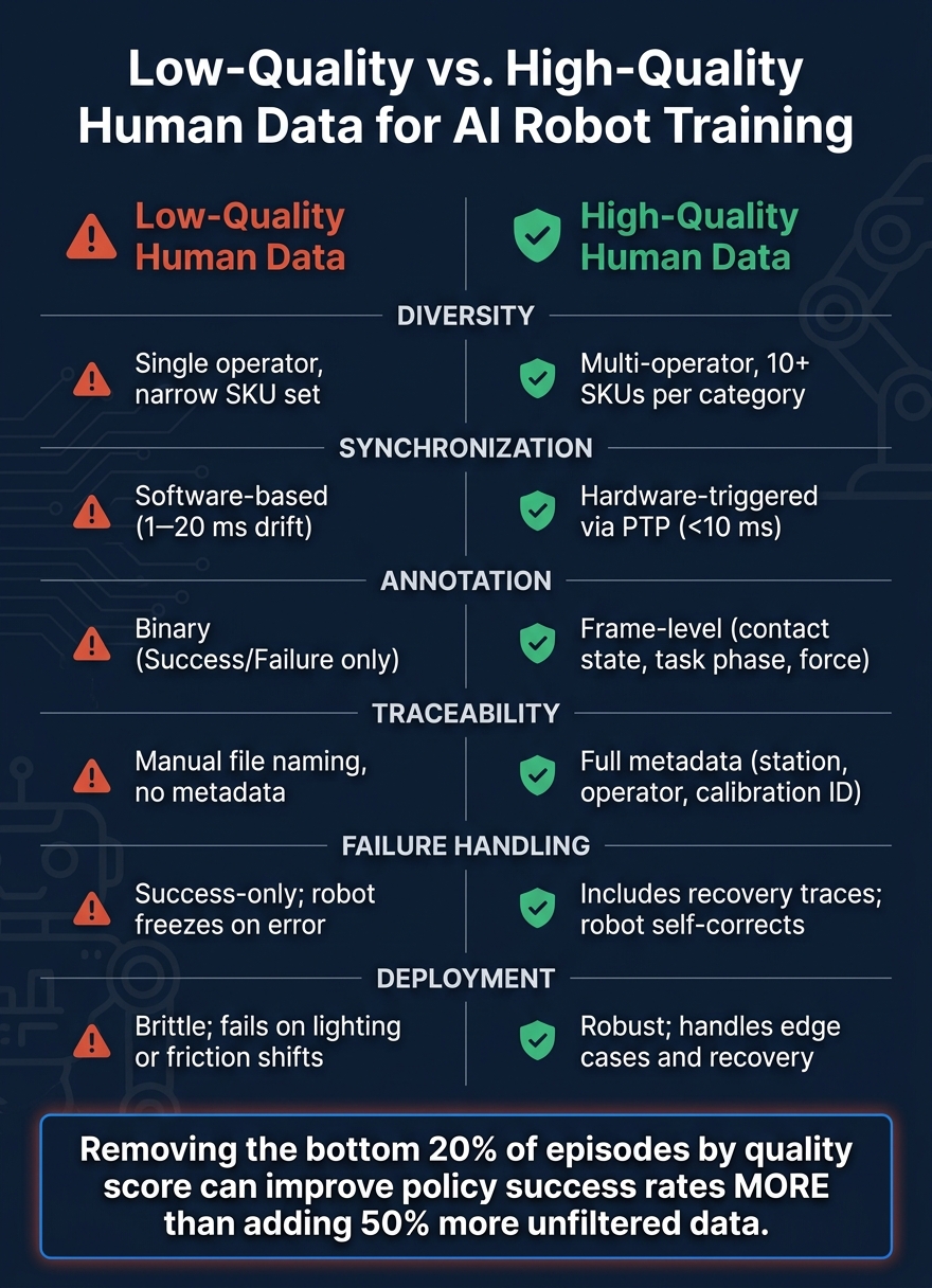 Low-Quality vs High-Quality Human Data for AI Robot Training