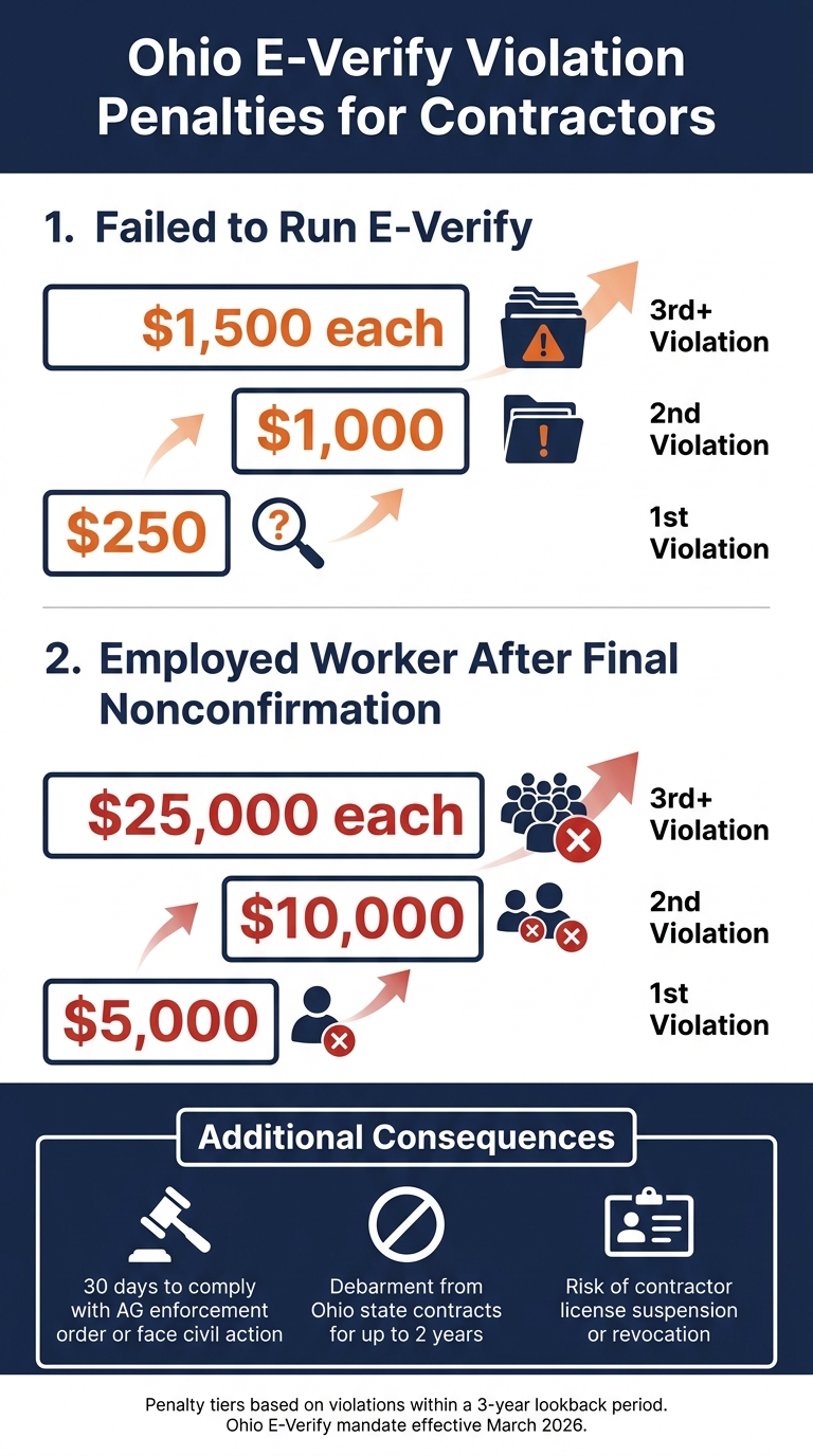 Ohio E-Verify Penalties & Violations: Fine Schedule for Contractors