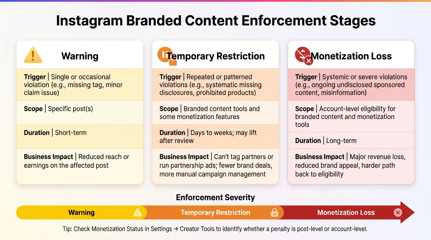 Instagram Branded Content Enforcement Stages: Warning vs. Restriction vs. Monetization Loss