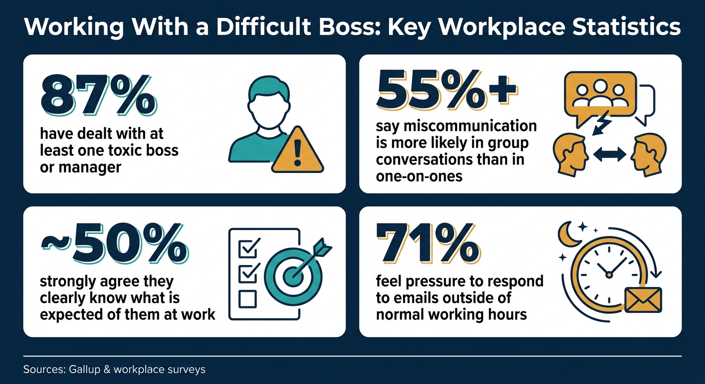 Office Etiquette Stats: Toxic Bosses, Miscommunication & After-Hours Pressure - Infographic © MyDifficultBoss.com