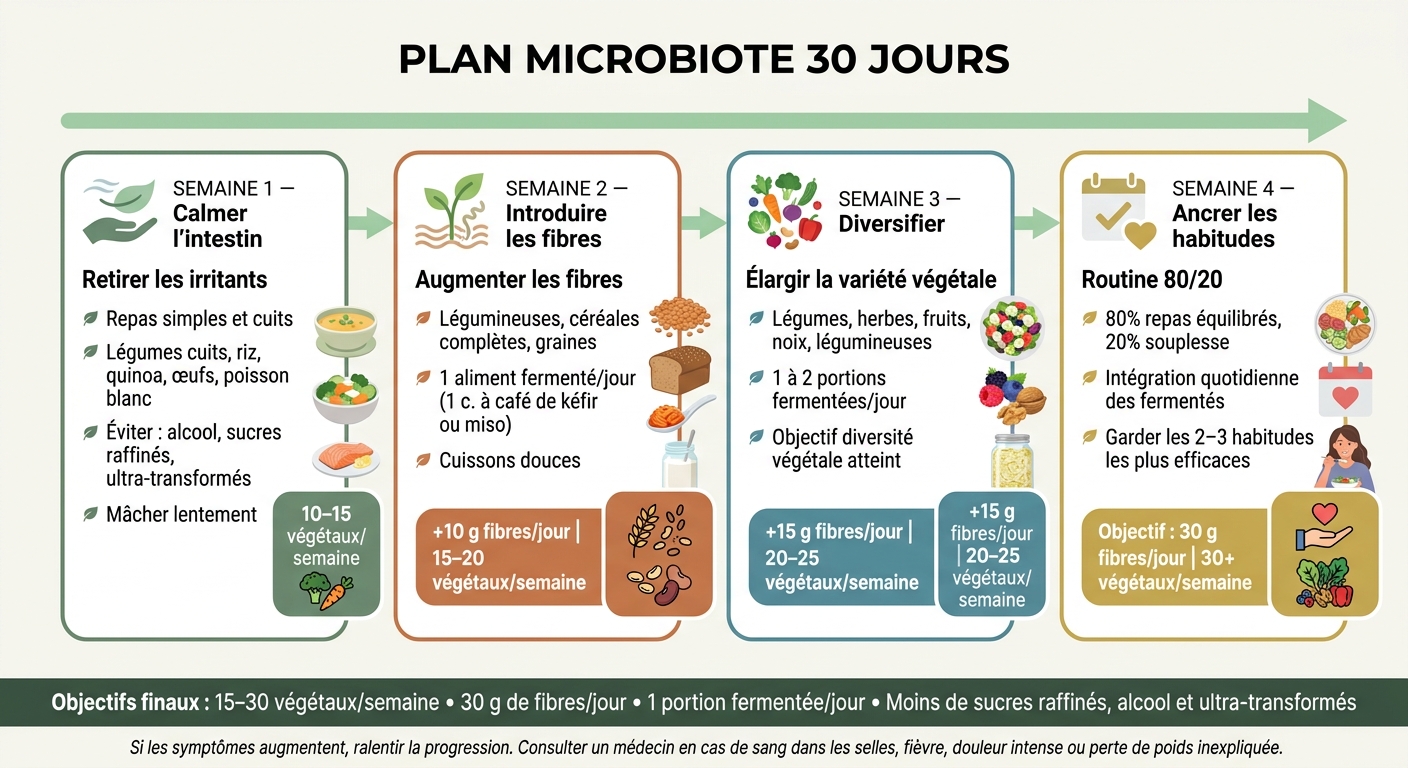 Plan Microbiote 30 Jours : Progression Semaine par Semaine