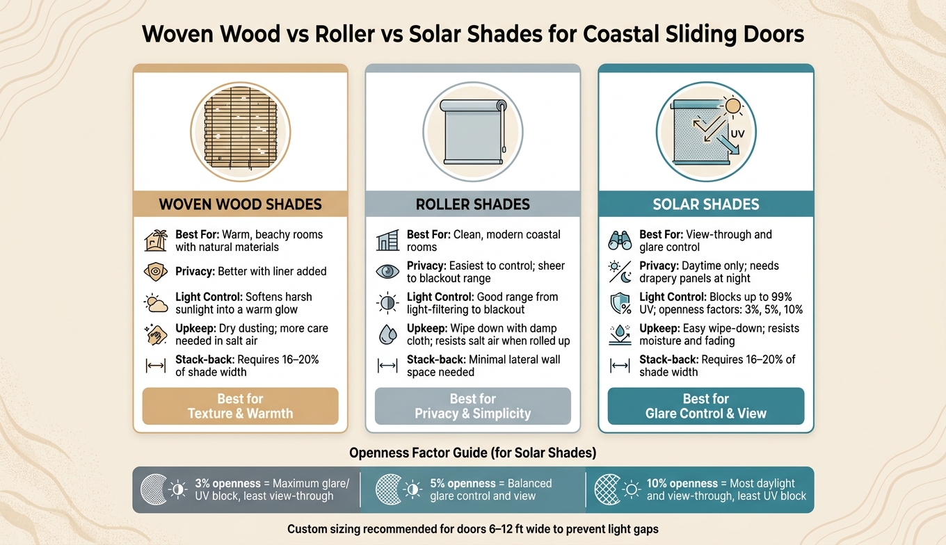 Woven Wood vs Roller vs Solar Shades for Coastal Sliding Doors