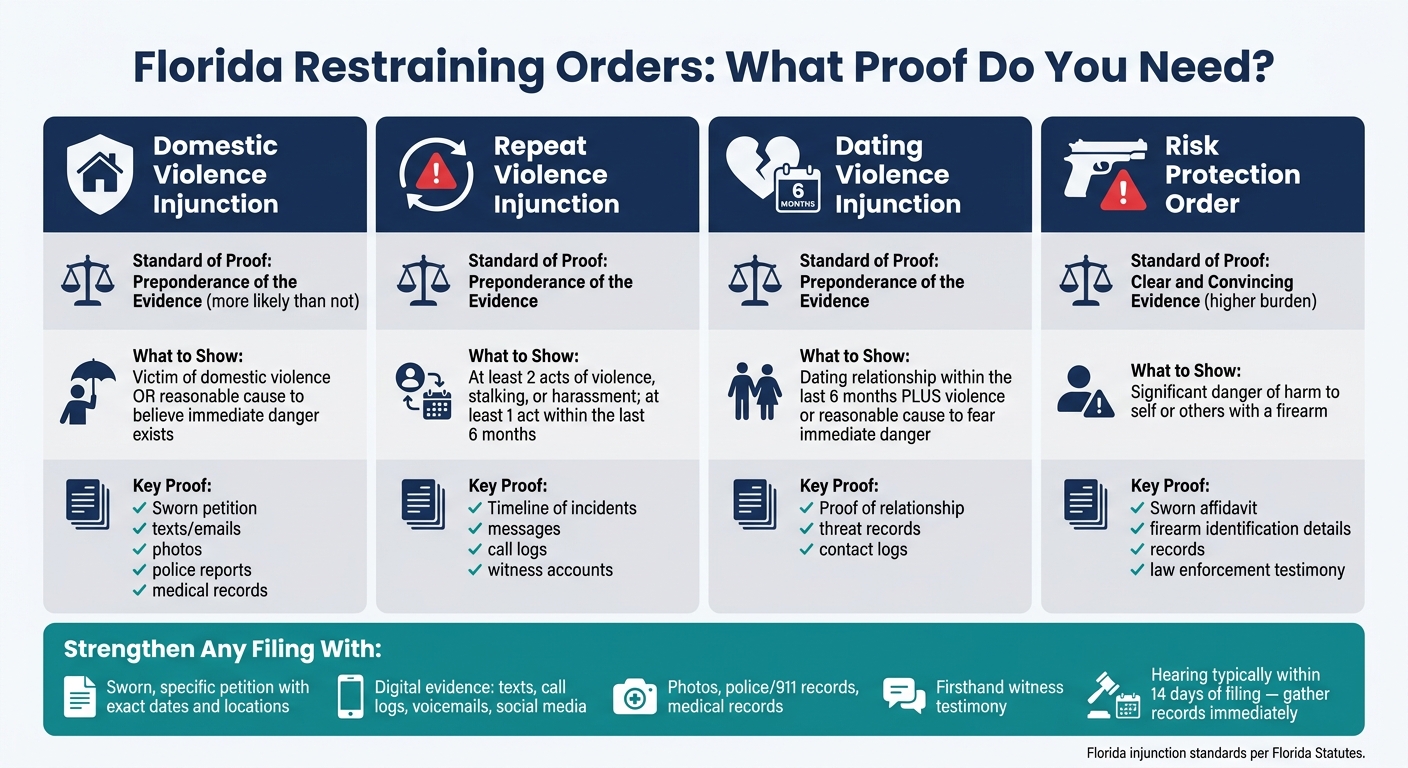 Florida Restraining Order Types: Proof Requirements at a Glance