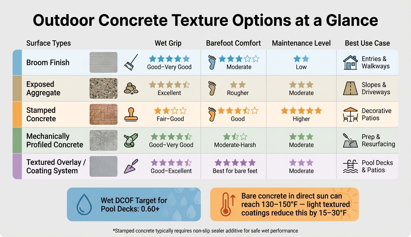 Slip-Resistant Texture Trends In Outdoor Concrete 2 Outdoor Concrete Texture Types: Grip, Comfort & Maintenance Compared