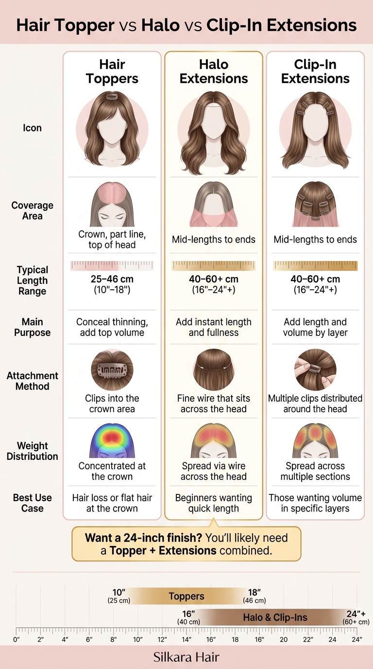 Hair Topper vs Halo vs Clip-In Extensions: Length & Coverage Comparison