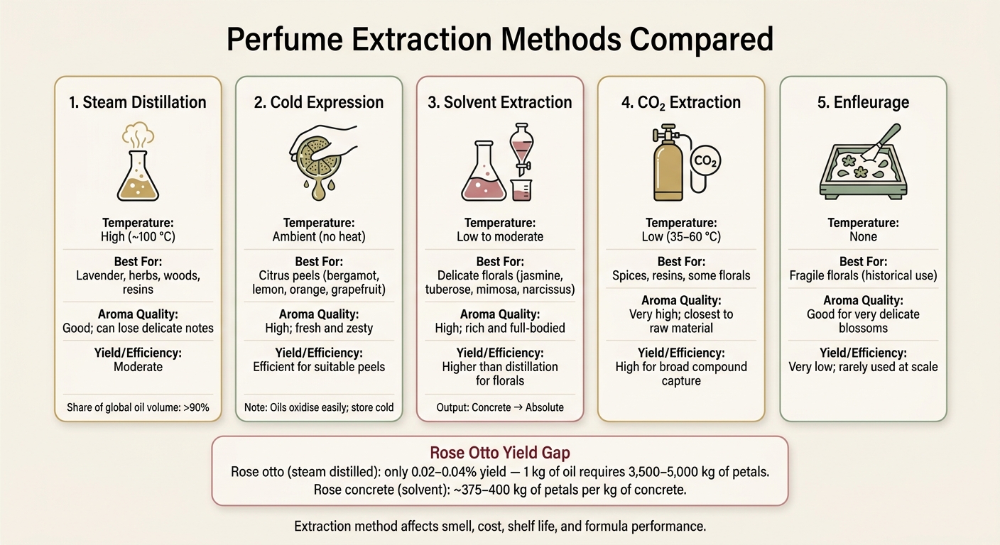 Perfume Extraction Methods Compared: Steam, Cold Press, Solvent & CO₂