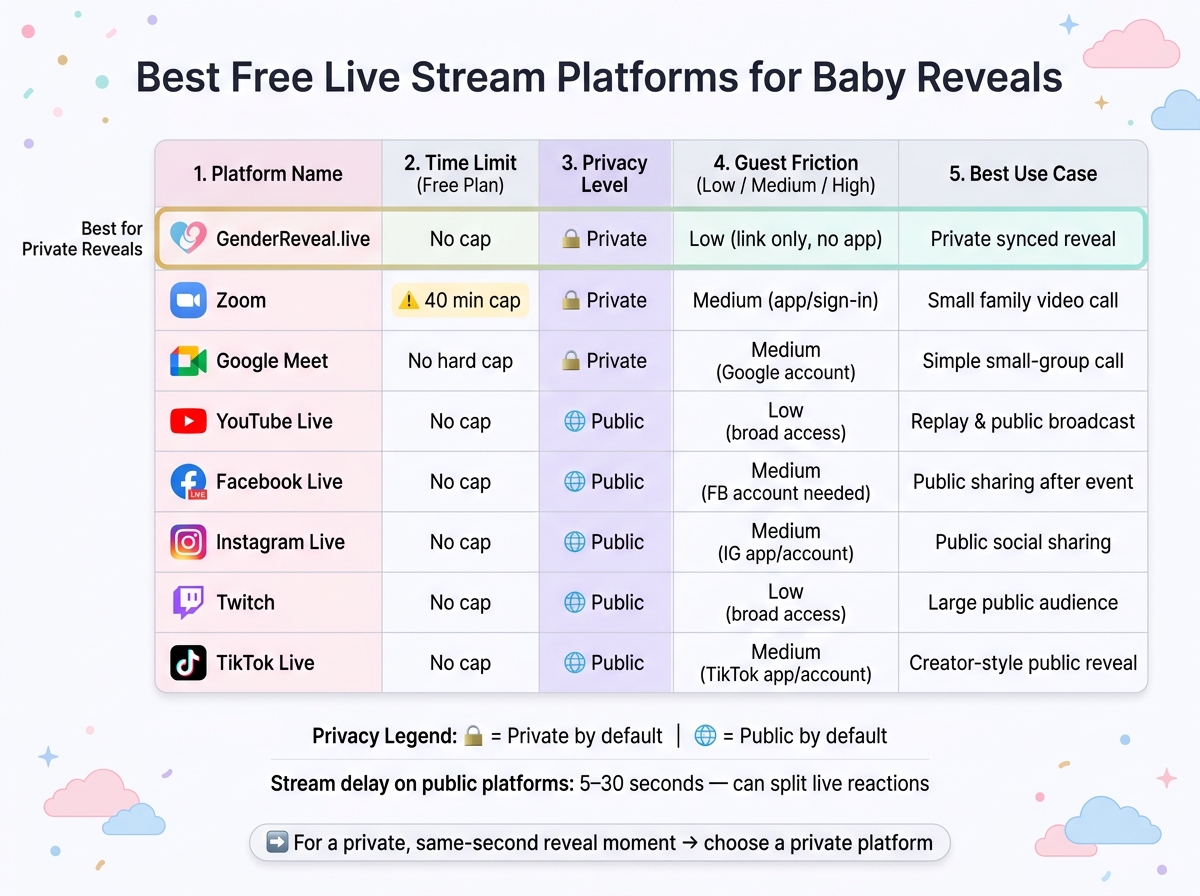 Best Free Live Stream Platforms for Baby Reveals: Quick Comparison