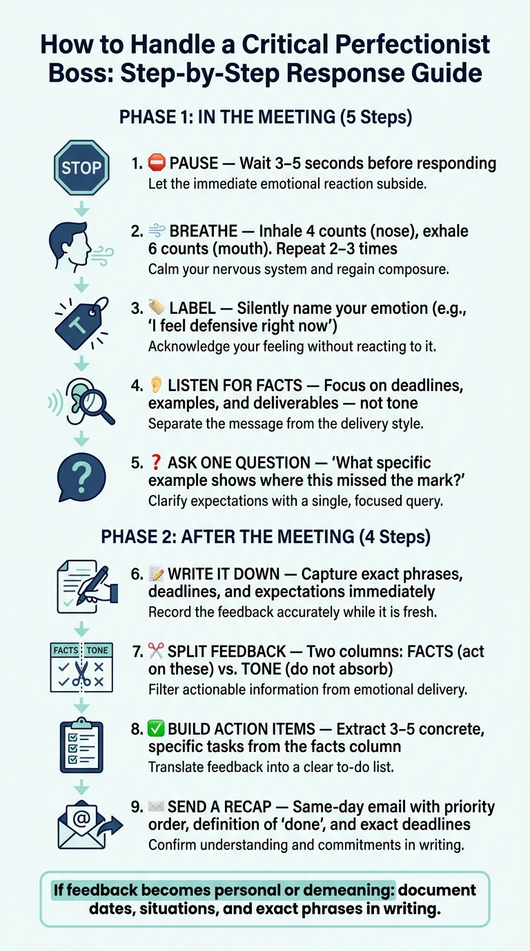How to Handle a Critical Perfectionist Boss: A Step-by-Step Response Guide - Infographic © MyDifficultBoss.com
