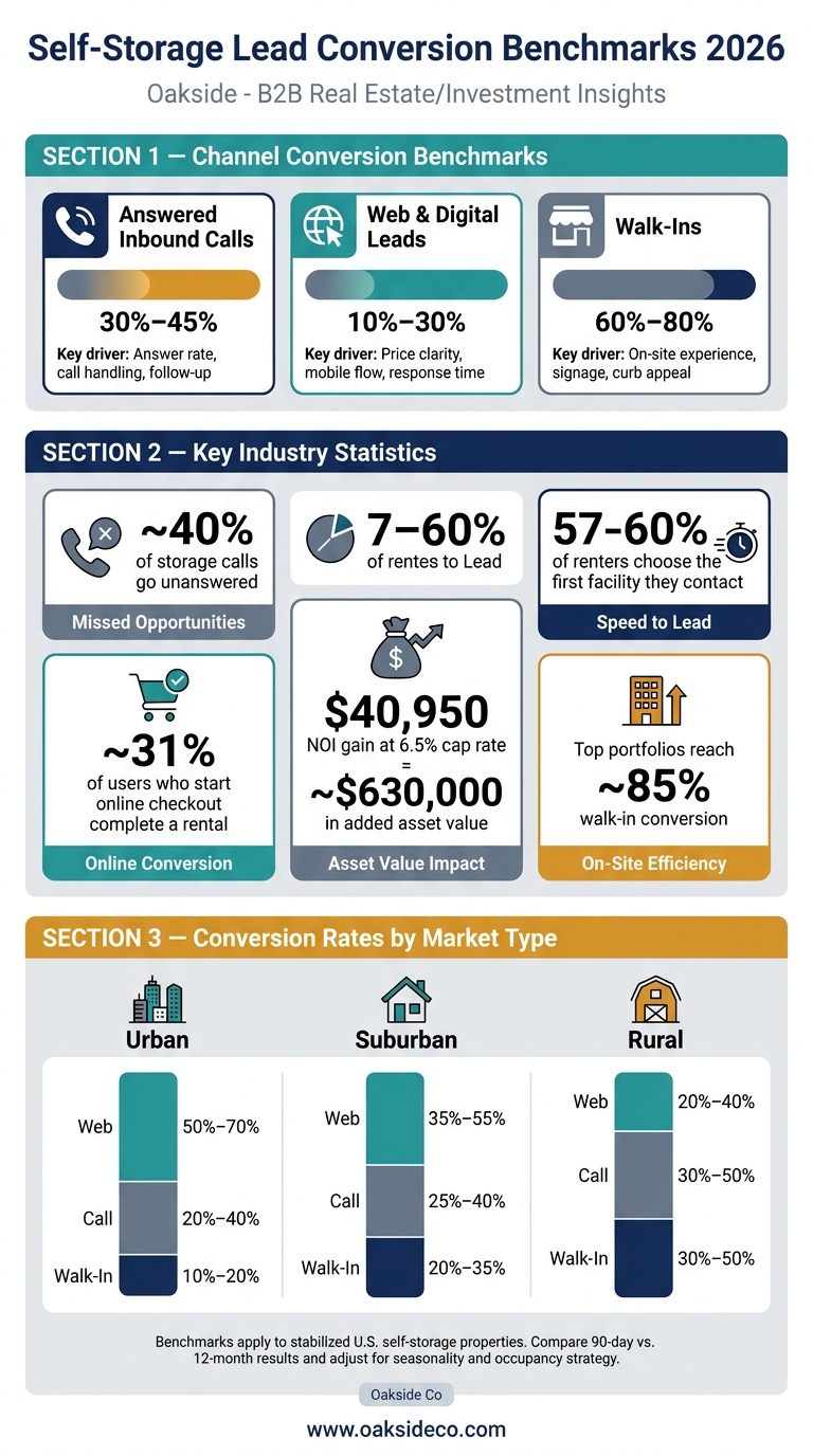 Self-Storage Lead Conversion Benchmarks 2026: Rates by Channel & Market Type