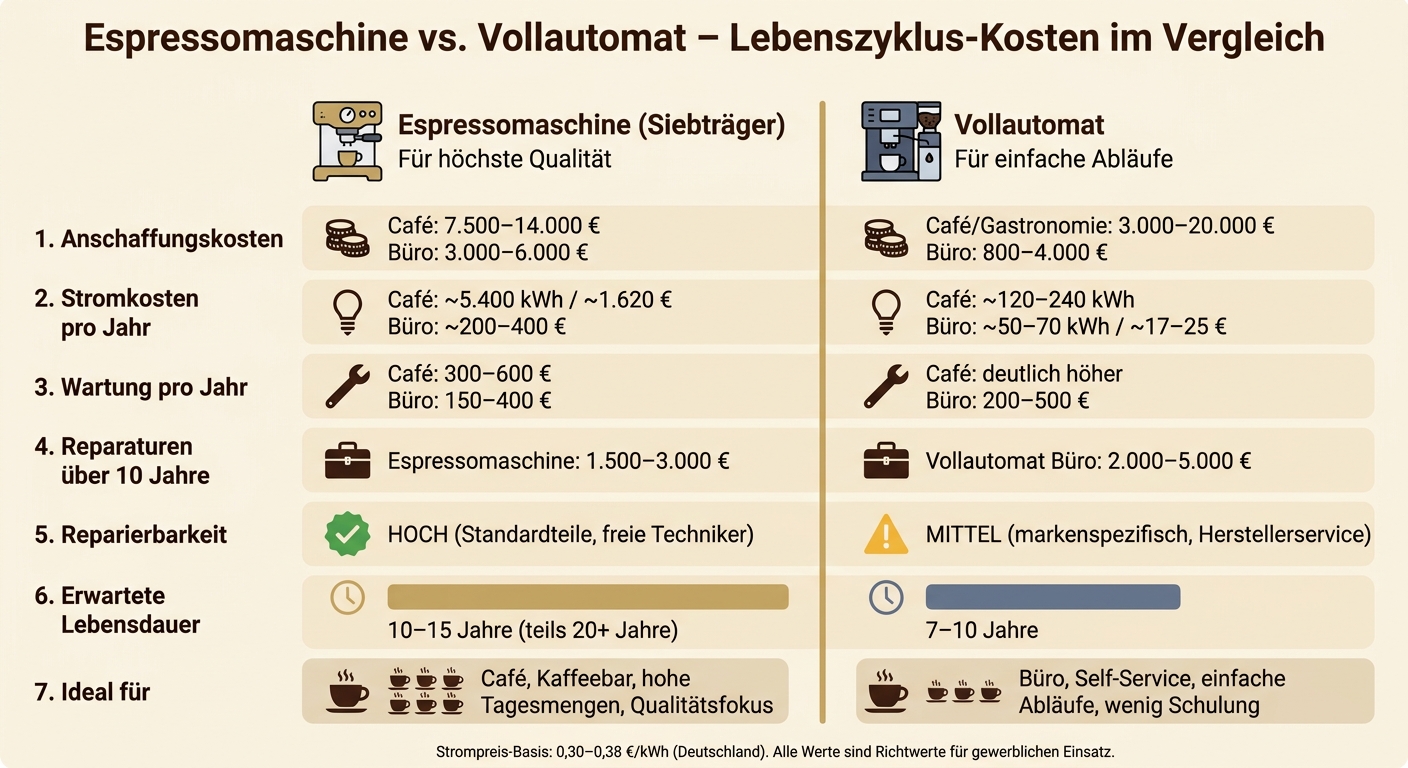 Espressomaschine vs. Vollautomat: Lebenszyklus-Kosten im Vergleich