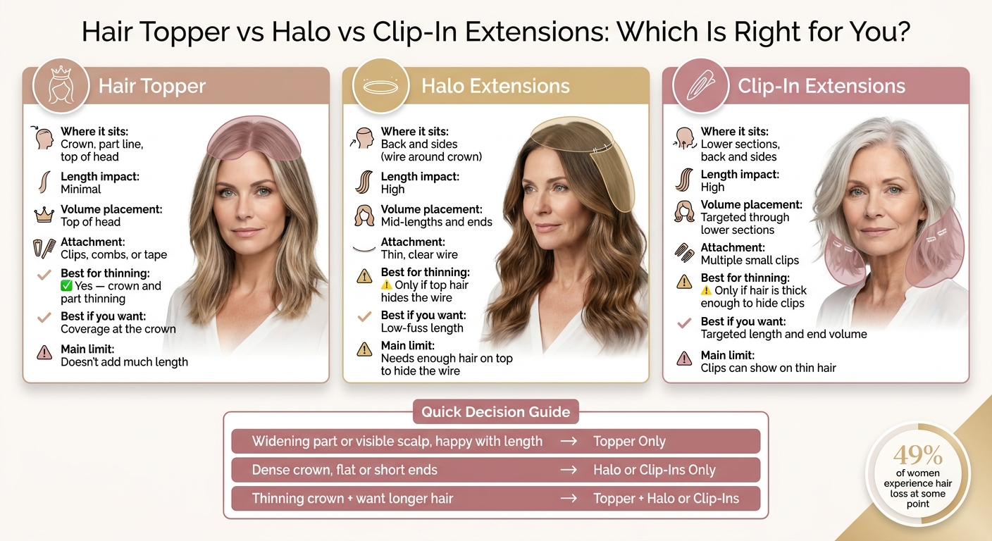 Hair Topper vs Halo vs Clip-In Extensions: Which Is Right for You?