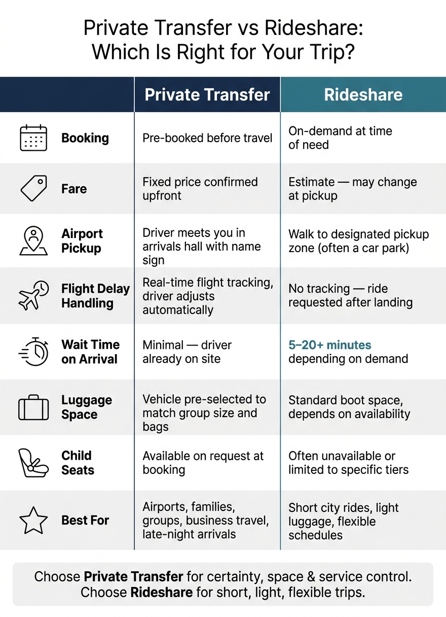 Private Transfer vs Rideshare: Side-by-Side Comparison