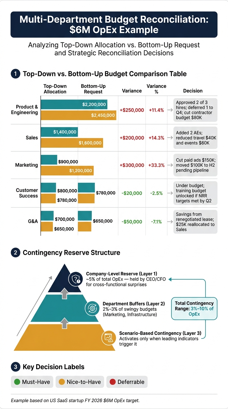 Multi-Department Budget Allocation: Top-Down vs. Bottom-Up Reconciliation