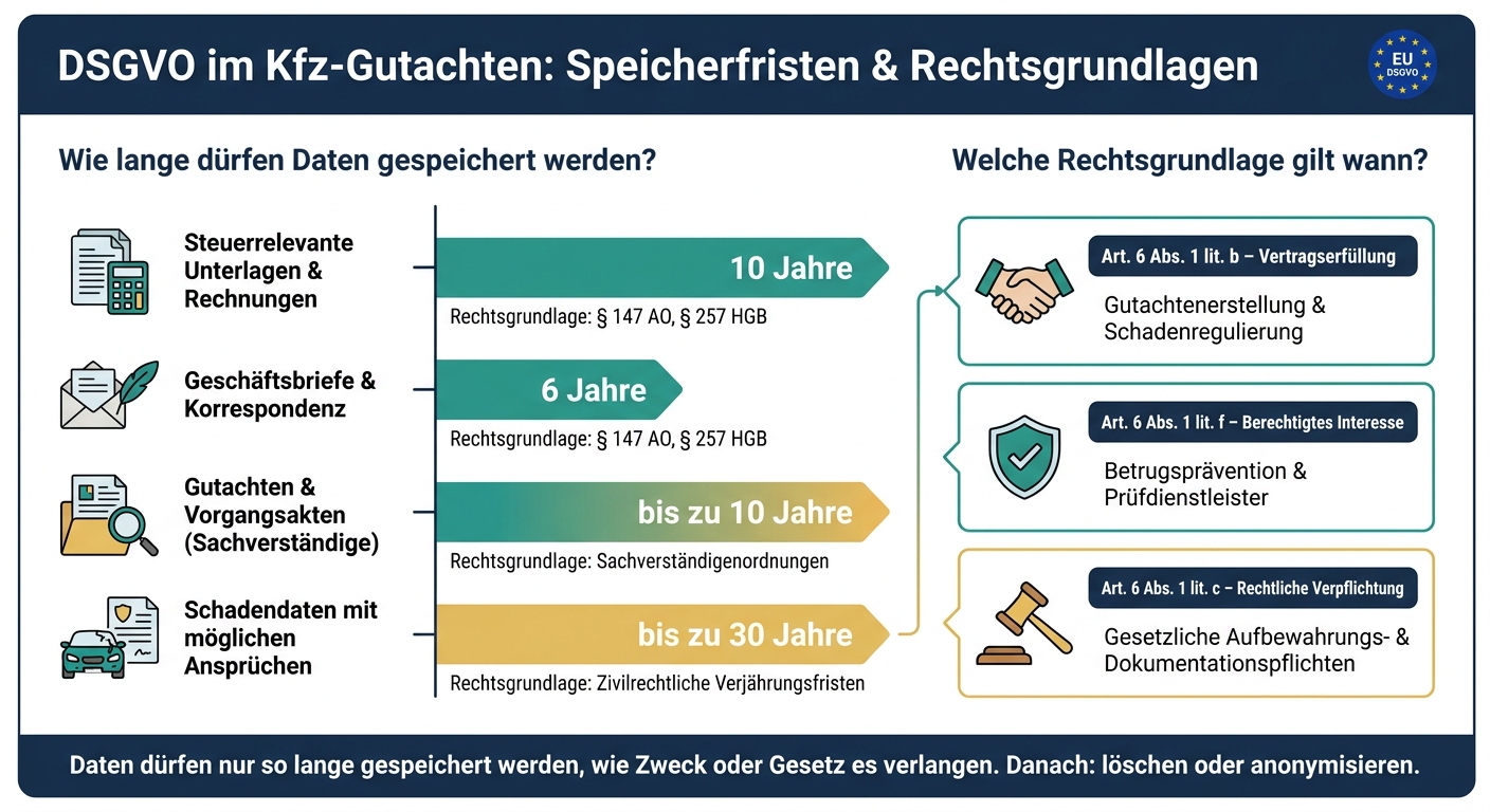 DSGVO im Kfz-Gutachten: Rechtsgrundlagen & Speicherfristen auf einen Blick