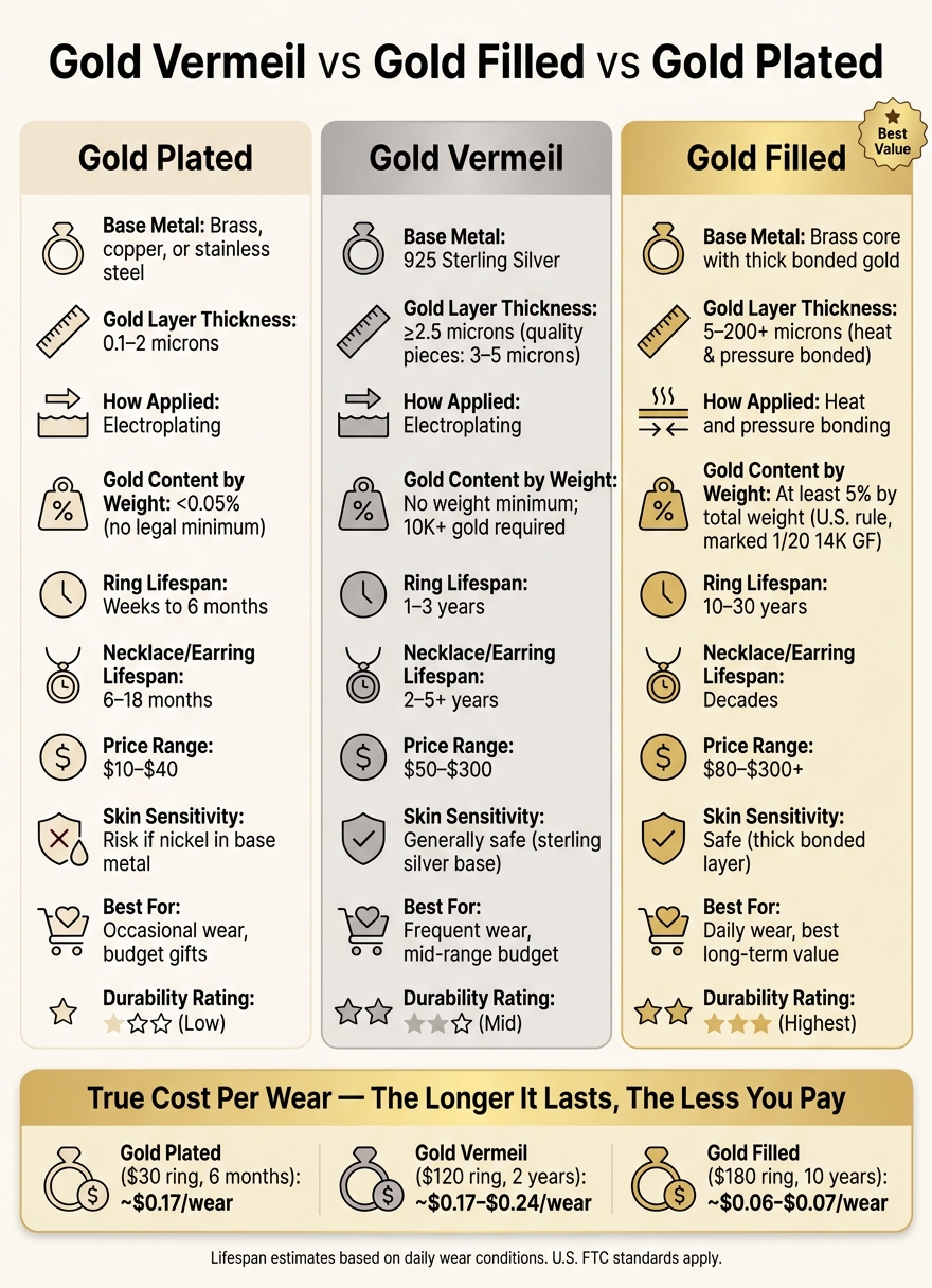 Gold Vermeil vs Gold Filled vs Gold Plated: Full Comparison Chart