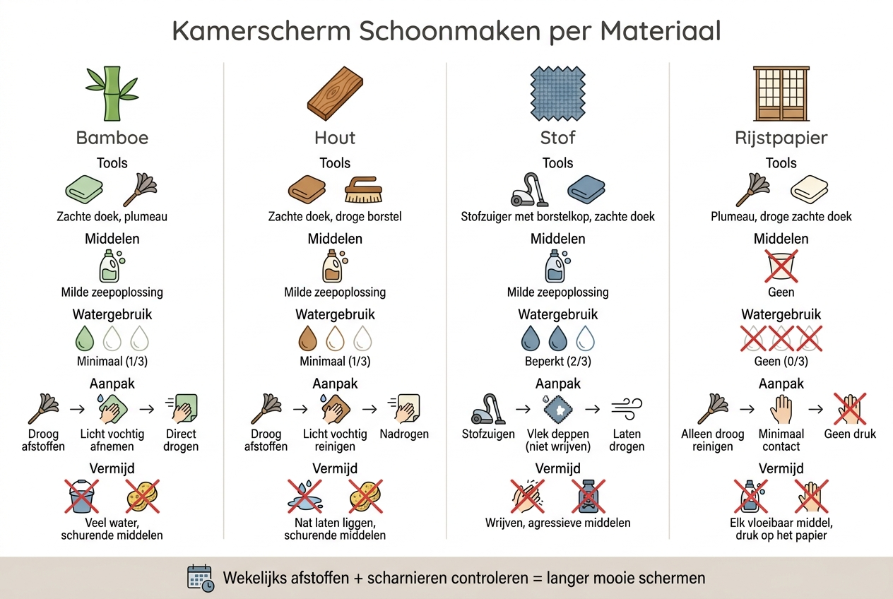 Kamerscherm Schoonmaken per Materiaal: Bamboe, Hout, Stof & Rijstpapier