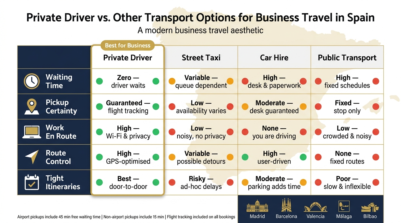 Private Driver vs. Other Transport Options for Business Travel in Spain
