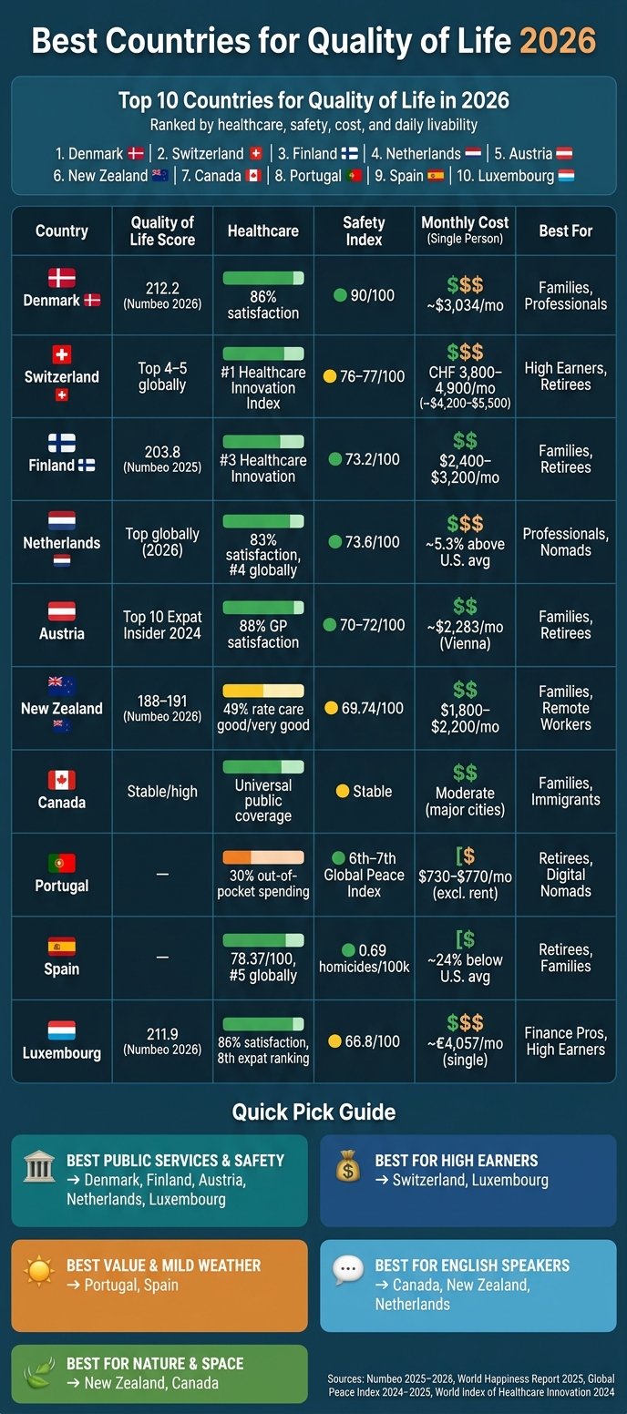 Best Countries for Quality of Life 2026: At-a-Glance Comparison