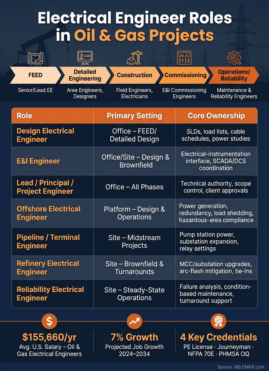 Electrical Engineer Roles in Oil & Gas: Role, Phase & Reporting Line at a Glance