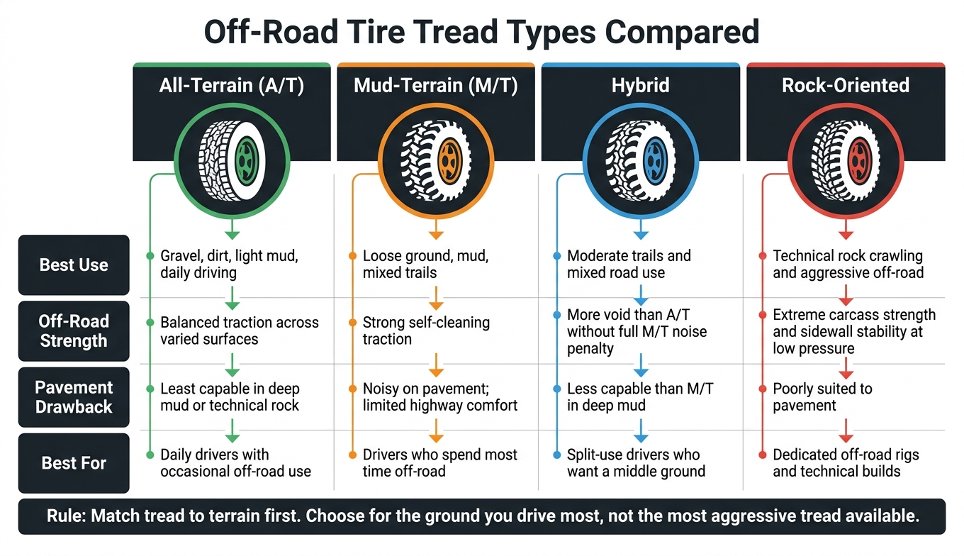 Off-Road Tire Tread Types Compared: A/T vs M/T vs Hybrid vs Rock