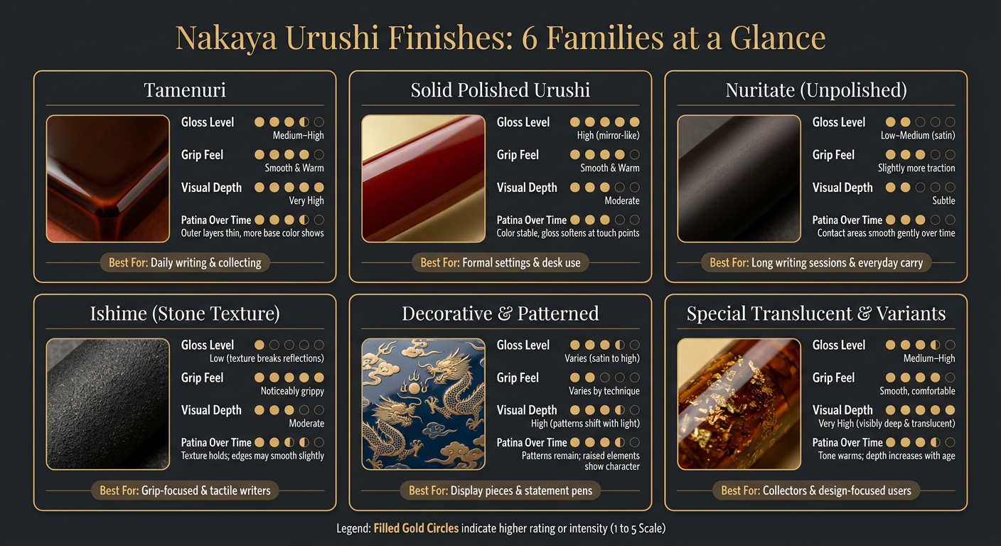 Nakaya Urushi Finishes Compared: Gloss, Grip, Depth & Best Use