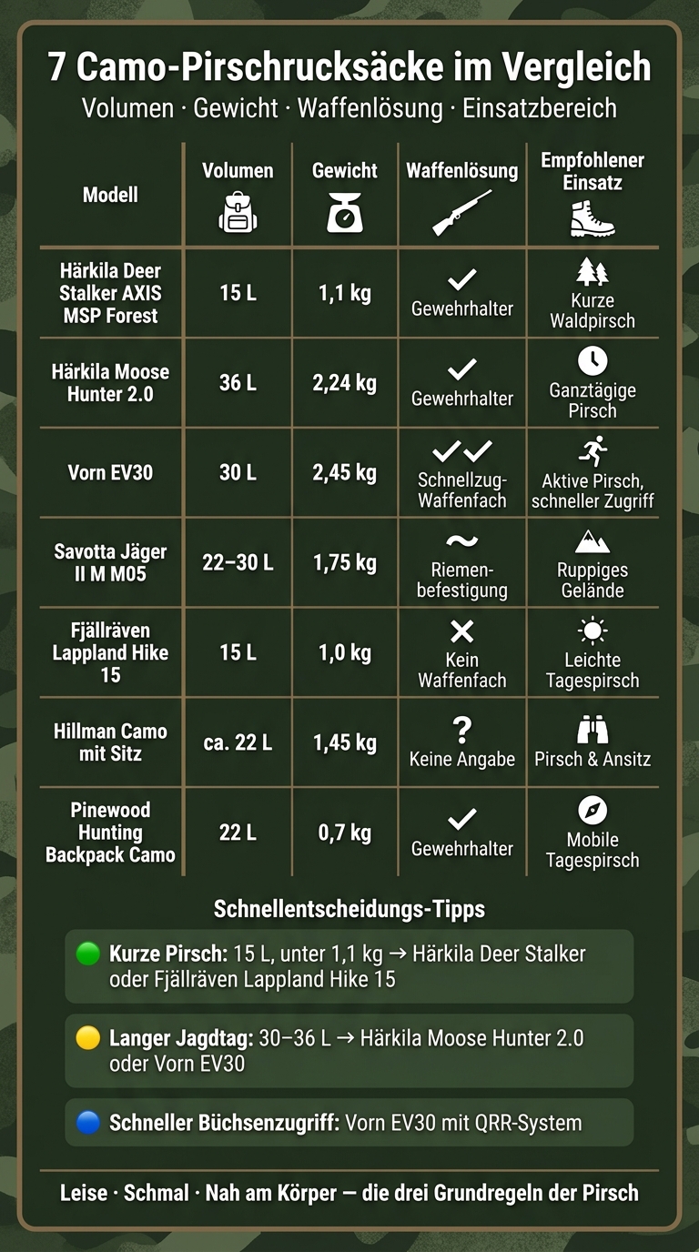 7 Camo-Pirschrucksäcke im Vergleich: Volumen, Gewicht & Waffensystem