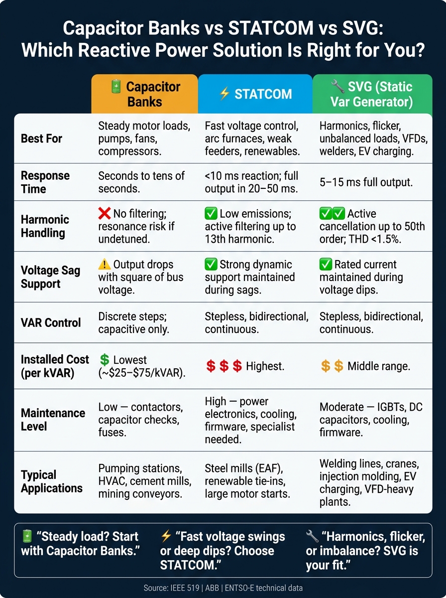 Capacitor Banks vs STATCOM vs SVG: Side-by-Side Comparison
