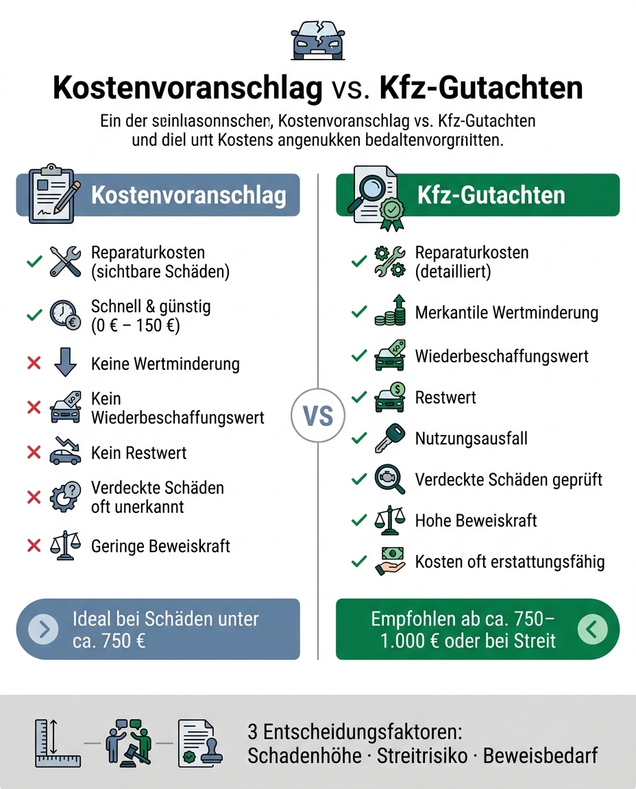 Kostenvoranschlag vs. Kfz-Gutachten: Der direkte Vergleich