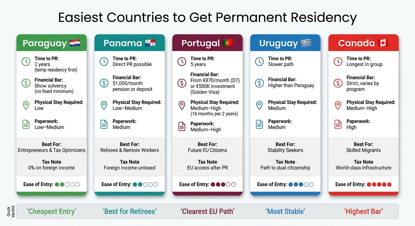 Easiest Countries to Get Permanent Residency: Side-by-Side Comparison