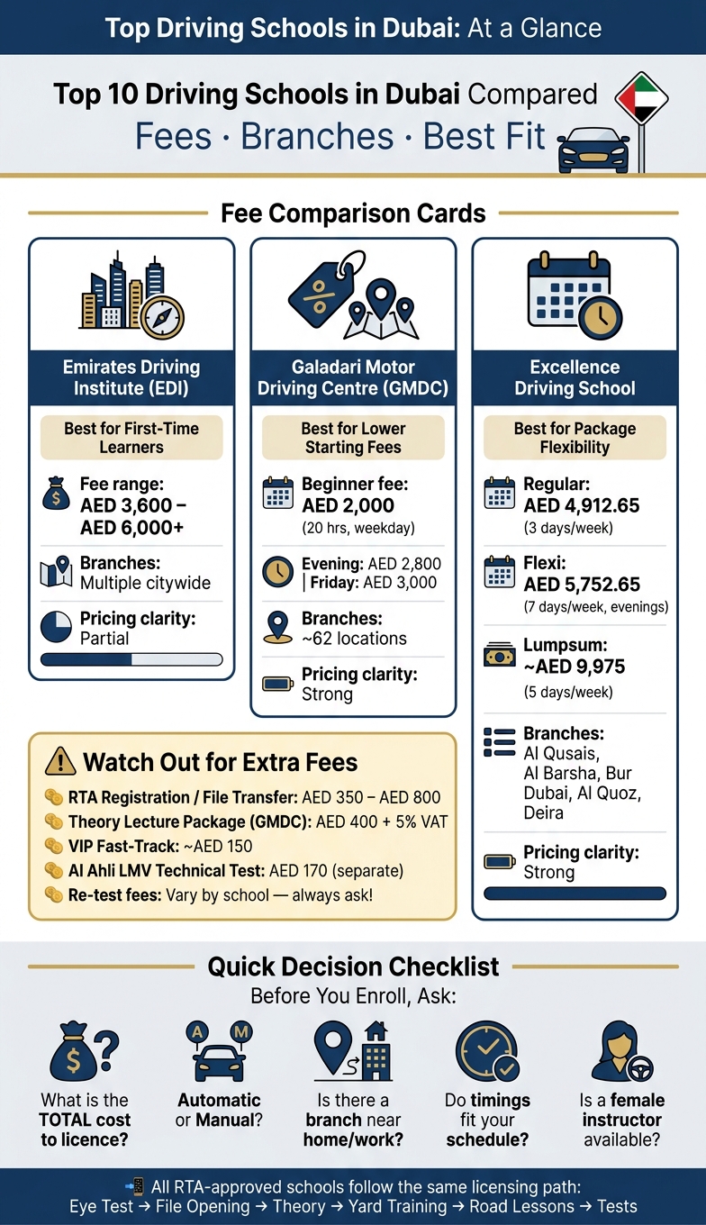 Dubai Driving Schools Compared: Fees, Branches & Best Fit 2024