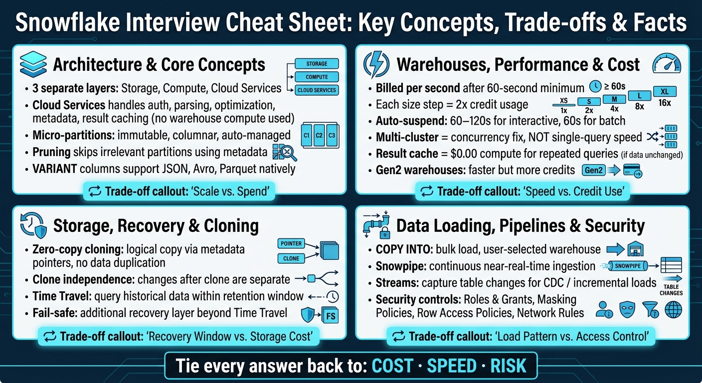 Snowflake Interview Cheat Sheet: Key Concepts, Trade-offs & Facts