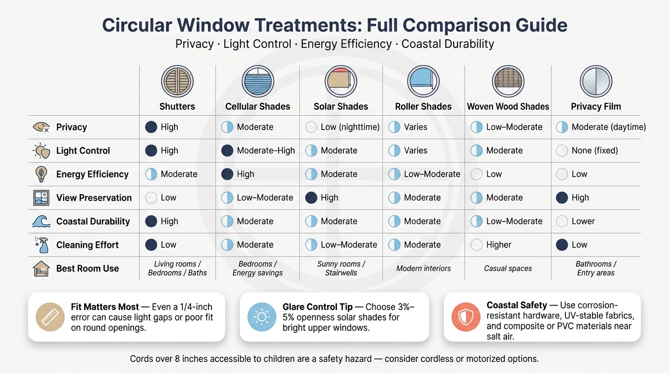 Circular Window Treatments Compared: Privacy, Light & Coastal Performance