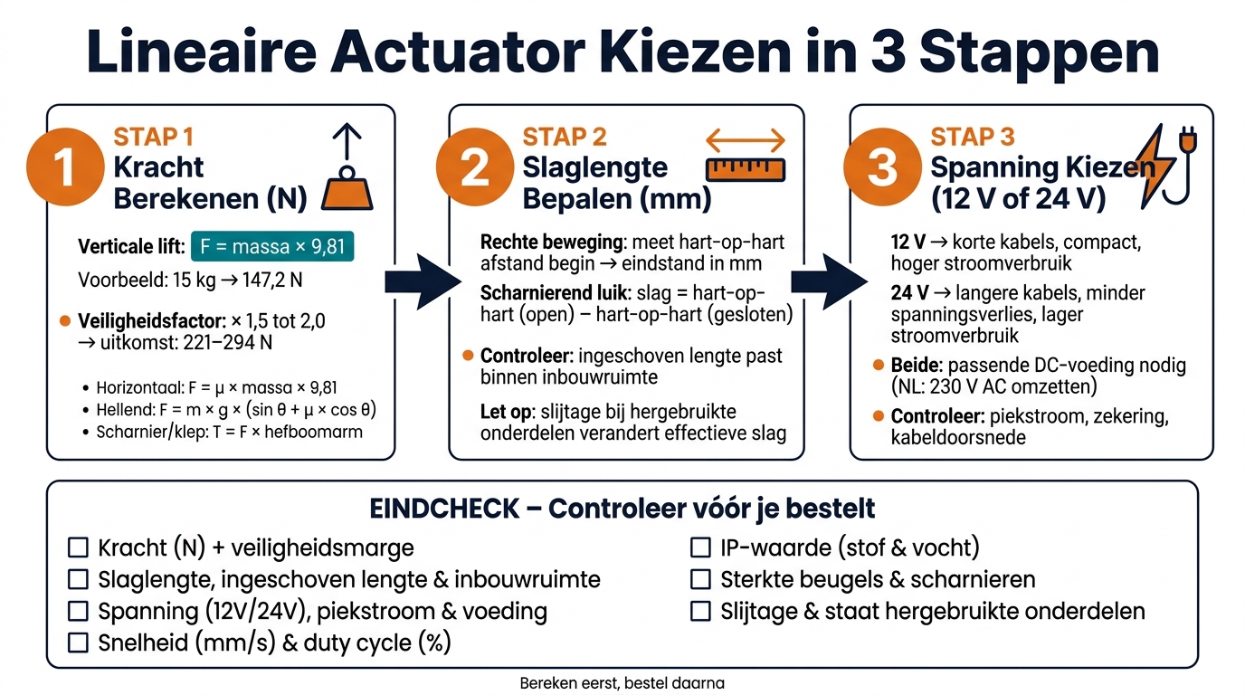 Lineaire Actuator Kiezen: Kracht, Slaglengte & Spanning in 3 Stappen
