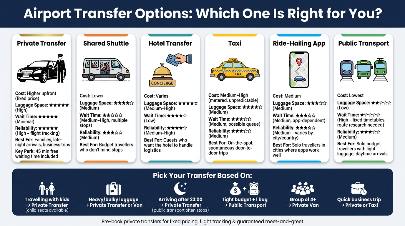 Airport Transfer Options Compared: Cost, Luggage, Wait Time & Best Use
