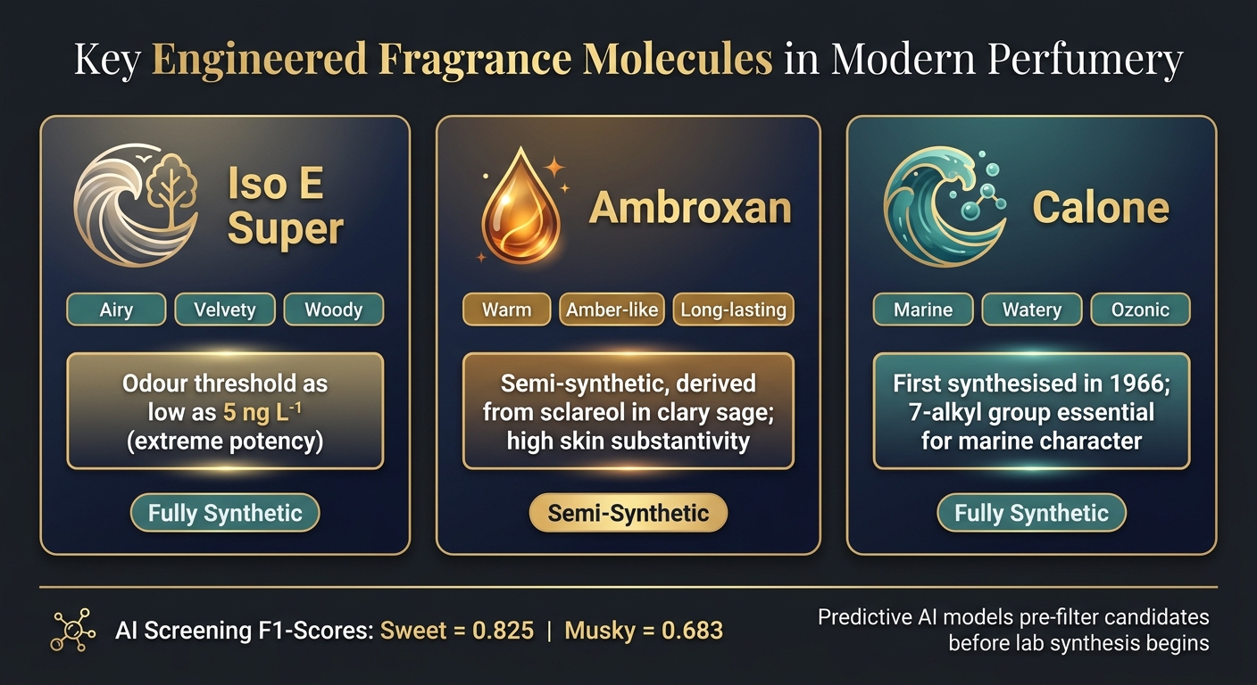Key Engineered Fragrance Molecules: Iso E Super, Ambroxan & Calone Compared