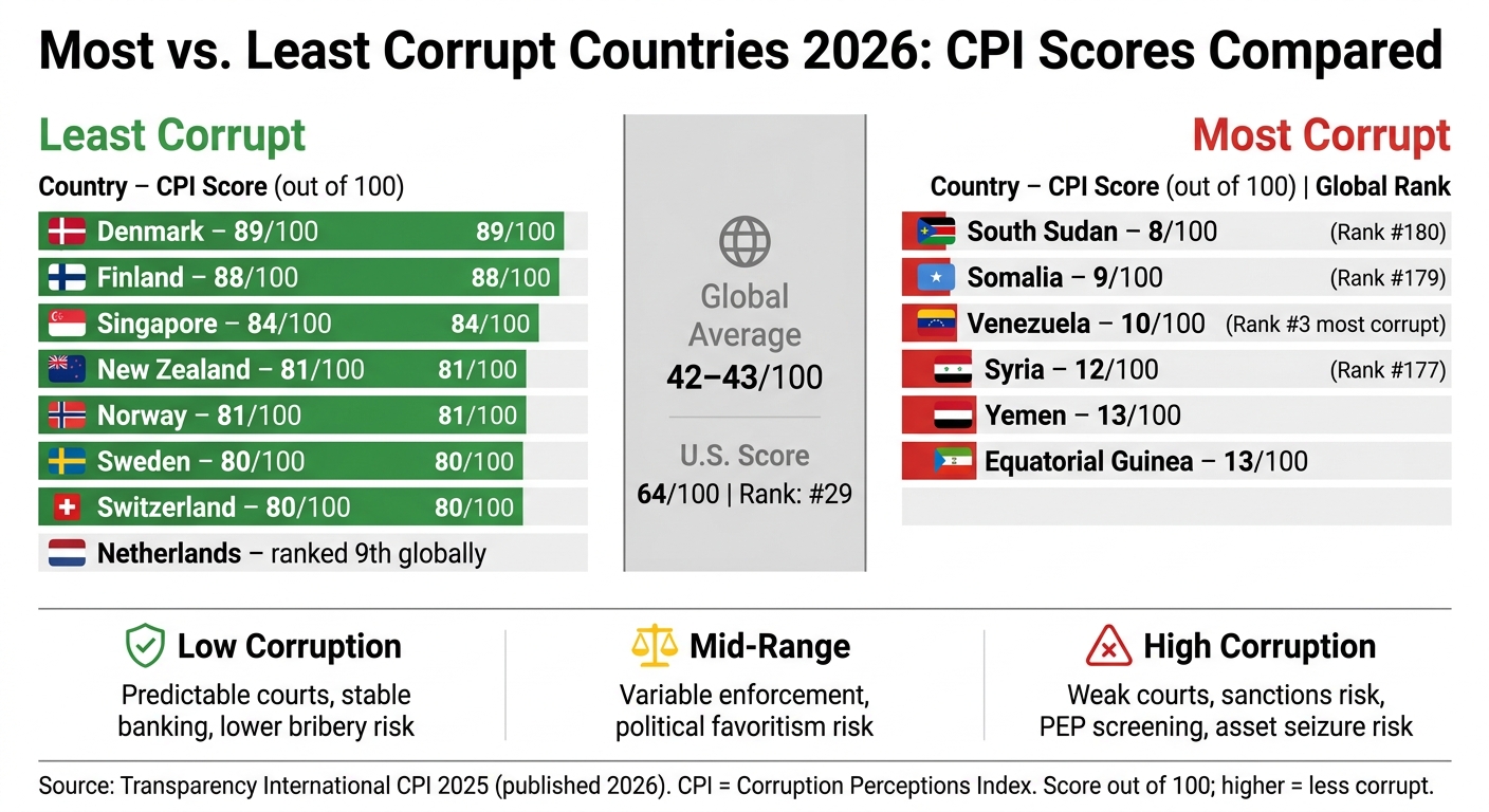 Most vs. Least Corrupt Countries 2026: CPI Scores Compared