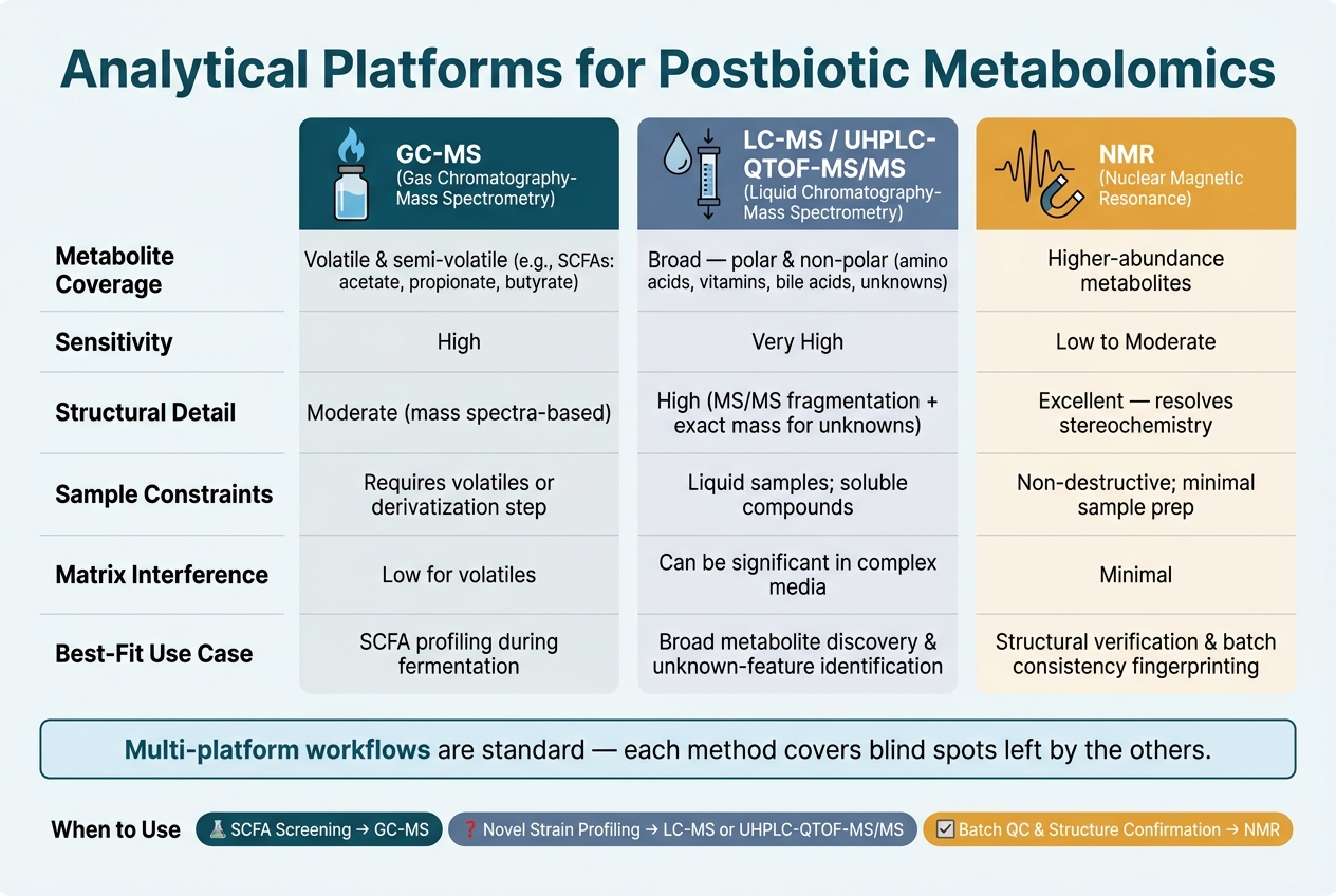 Metabolomics Platforms for Postbiotic Development: GC-MS vs LC-MS vs NMR