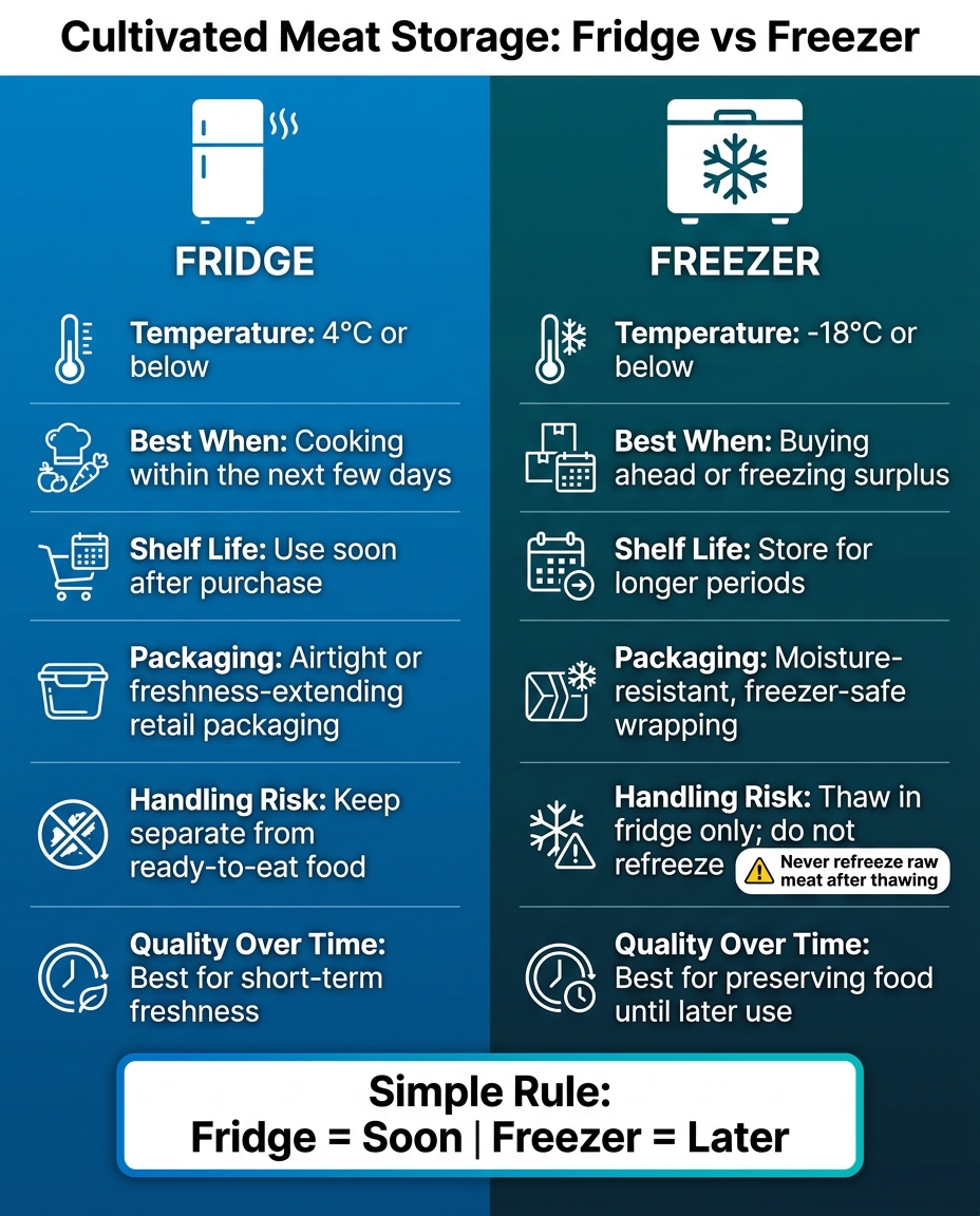 Cultivated Meat Storage: Fridge vs Freezer Quick Guide