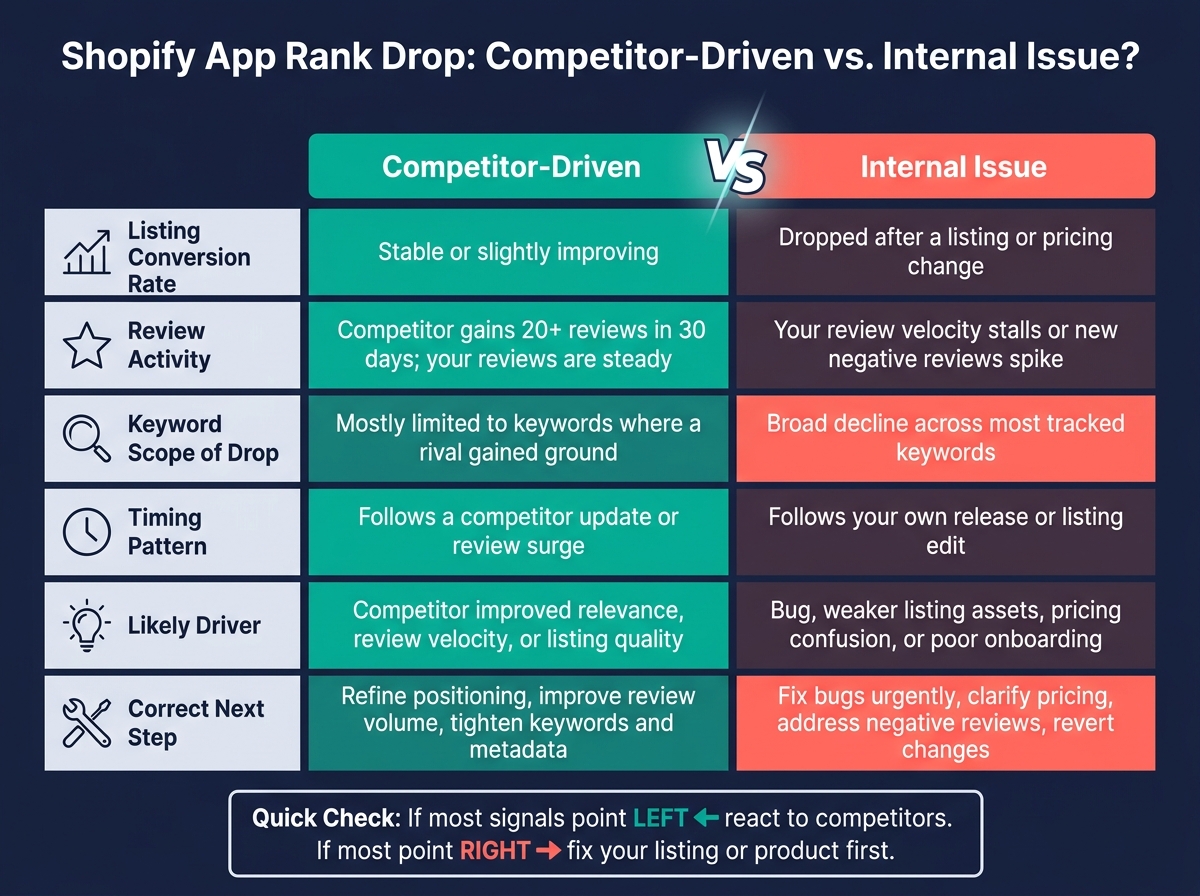 Competitor-Driven vs. Internal Shopify App Rank Drops: How to Tell the Difference