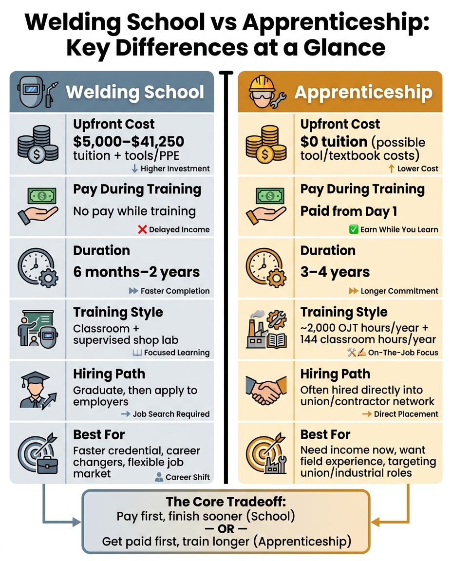 Welding School vs Apprenticeship: Cost, Time & Pay Compared