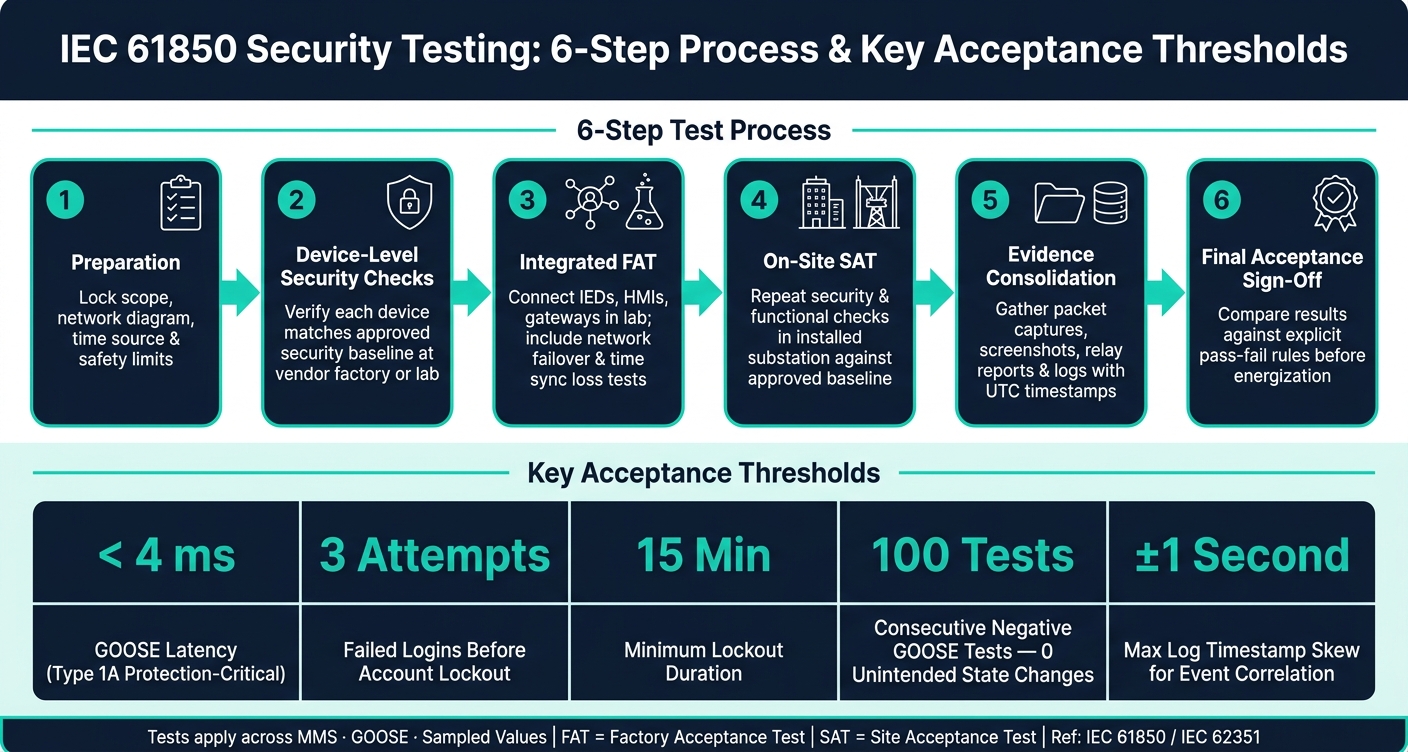 IEC 61850 Security Testing: 6-Step FAT & SAT Process with Key Thresholds