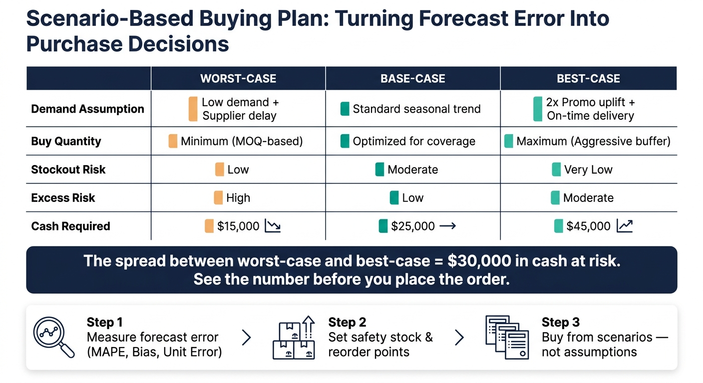 Forecast Error to Inventory Action: Best, Base & Worst-Case Buying Plan