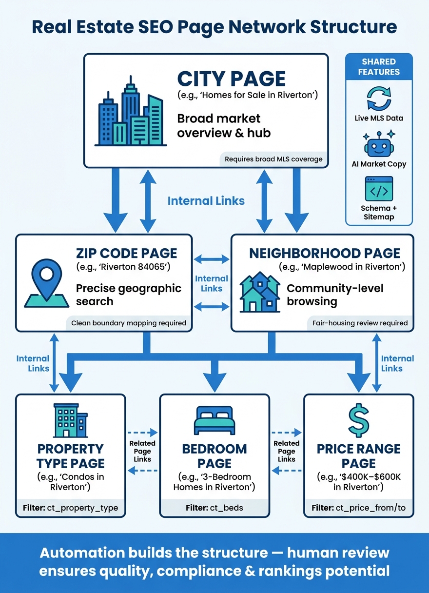 Real Estate SEO Page Network: How City, ZIP, Neighborhood & Property Pages Connect