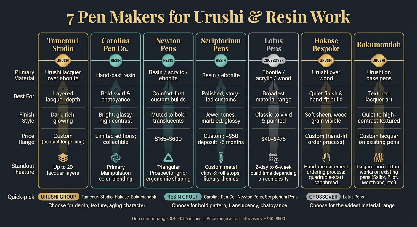 7 Pen Makers for Urushi & Resin: Side-by-Side Comparison