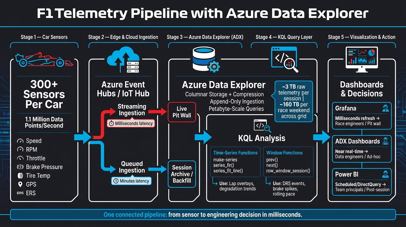 F1 Telemetry Pipeline: From Car Sensors to Pit Wall Decisions with Azure Data Explorer