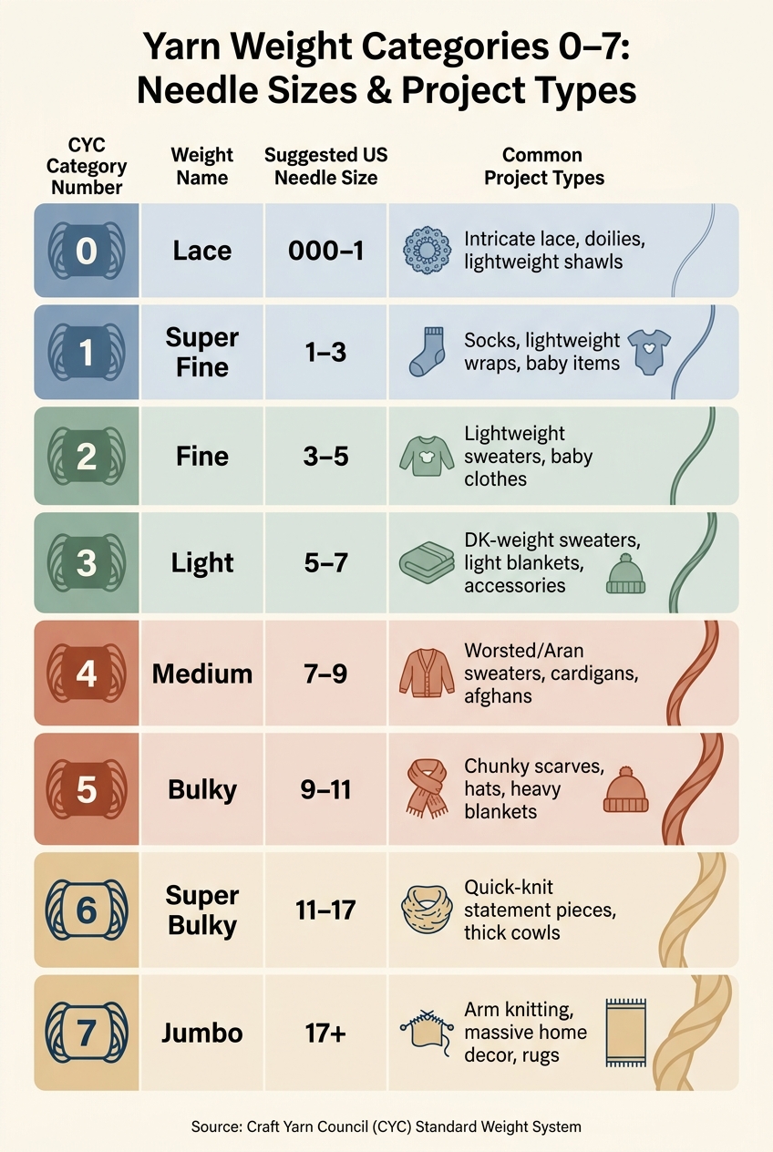 Yarn Weight Categories 0–7: Needle Sizes & Project Types