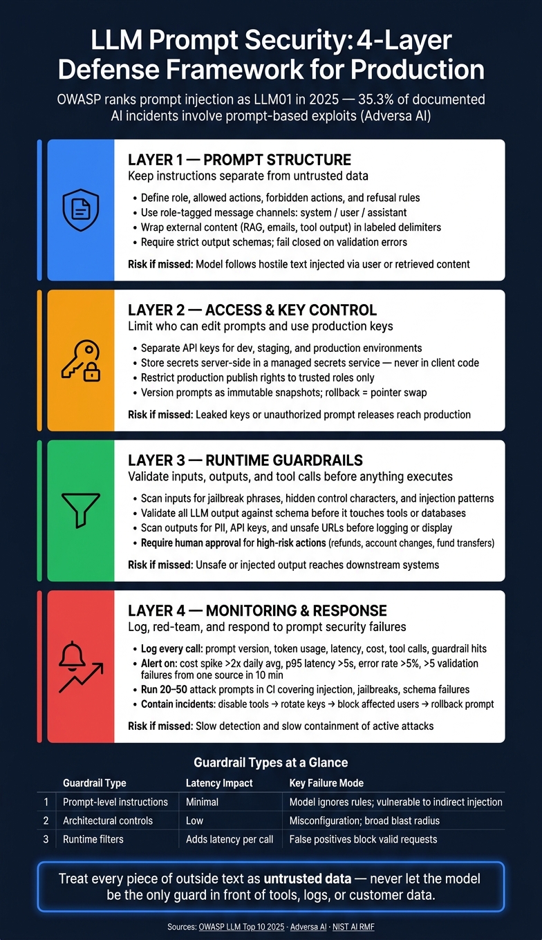LLM Prompt Security: 4-Layer Defense Framework for Production