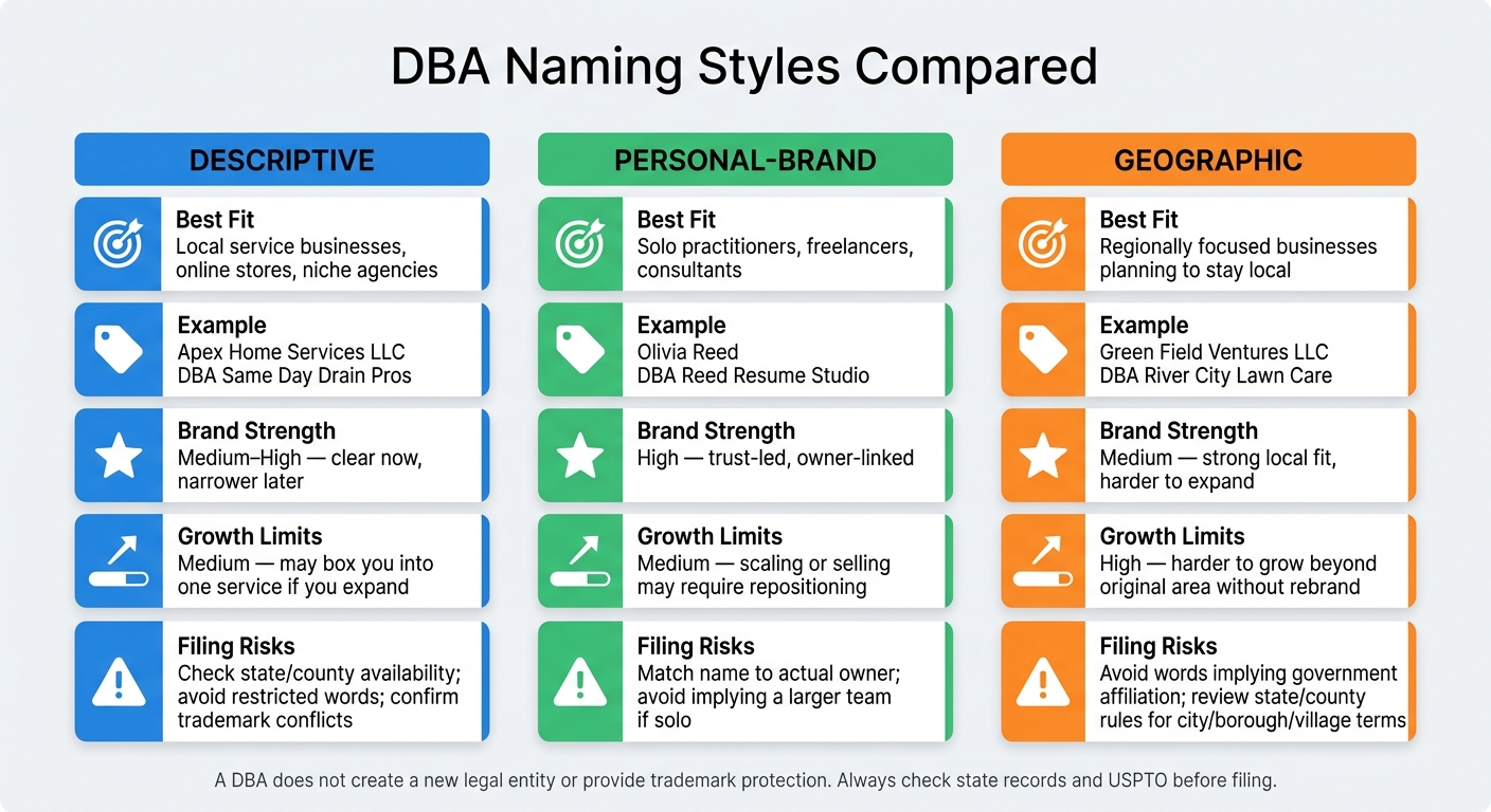 DBA Naming Styles Compared: Descriptive, Personal-Brand & Geographic